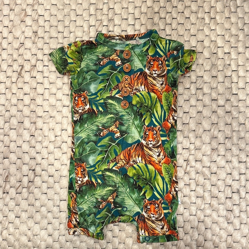 Posh Peanut Green Jungle Tiger shortie romper 0-3 month boy